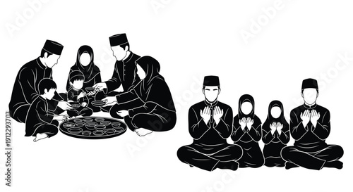 Black and white illustration of a Muslim family eating and praying together
