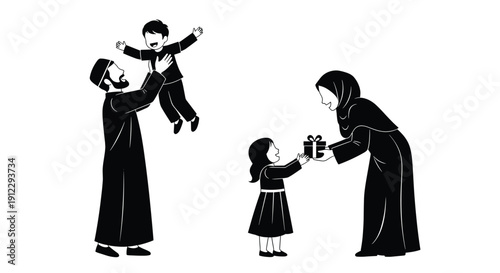 Black and white illustration of a Muslim family celebrating a special occasion