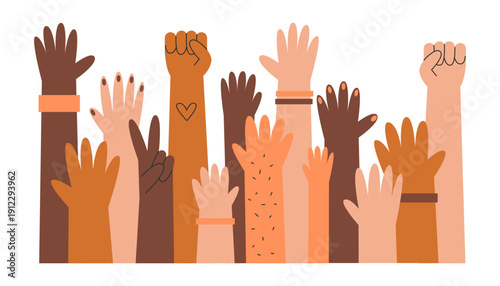 Raised hands of diverse people in minimal flat style. Unity, diversity, inclusion, solidarity and freedom concept. Social, community, human rights and equality demonstration amd protest.