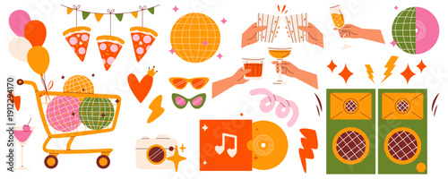 Disco party elements set with disco balls in a shopping cart, pizza slices, vinyl records, cocktails in hand. Modern retro flat vector illustration for music events, birthday celebration decor