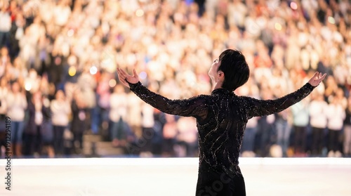 Figure skater standing on ice with arms outstretched facing audience back view