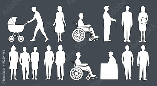 Collection of diverse human silhouettes including family members, wheelchair users, elderly and professionals, minimalist line art illustration set representing inclusive society and everyday people