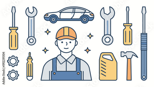Car mechanic with tools and car parts in a workshop, illustration for auto repair and service industry