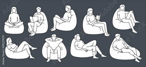 People relaxing on bean bag chairs illustration set showing casual sitting poses in minimalist line art style, comfort lifestyle collection isolated on dark background