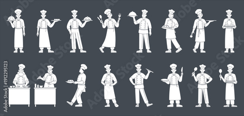 Set of professional chef characters in various cooking and serving poses, minimalist line art illustration collection isolated on dark background, restaurant kitchen staff concept