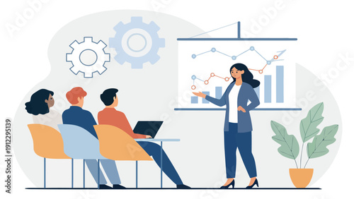 Business presentation with data charts and engaged audience, team discussing strategy, modern office