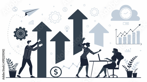 Business growth concept with upward arrows and people working, financial success and progress illustration