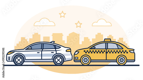 Two cars, a white sedan and a yellow taxi, parked on a city street with skyline background