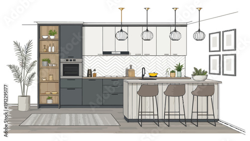 Modern kitchen interior design with island, bar stools, cabinets, and pendant lights, illustration