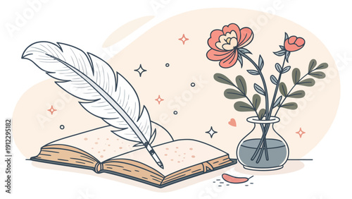 Whimsical Illustration of an Open Book with Quill, Flowers in a Vase, and Hearts, Evoking Romance and Creativity