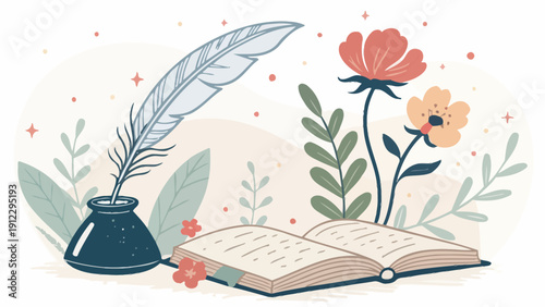 Artistic Illustration of a Quill Pen in an Inkwell Beside an Open Book and Delicate Flowers, Inspiring Writing and Poetry