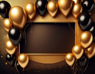 gold and black metallic color balloons frame border decoration with golden background and copy space
