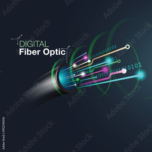 Digital fiber optic cable transmitting data with glowing binary code in futuristic tech background