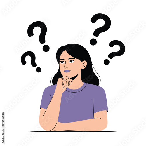 A thoughtful woman contemplates a series of questions surrounding her head.