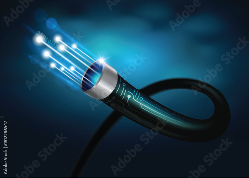 Fiber Optic Cable Transmitting Data with Bright Blue Light
