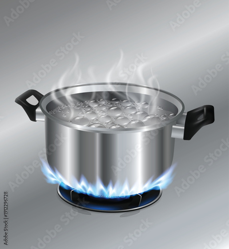 A stainless steel pot on a gas stove with boiling water
