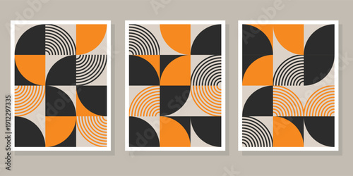 Modern Abstract Art Triptych with Orange and Black Patterns