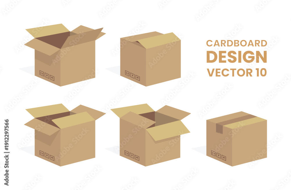 Fototapeta premium Cardboard Boxes Open and Closed Vector Illustrations Set on White