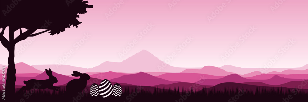Fototapeta premium Panoramic Easter background with rabbit silhouettes and pink mountain landscape
