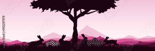 Serene outdoor scene with silhouette of bunnies under tree in pink valley