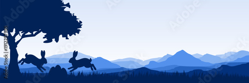 Minimalist monochromatic landscape vector illustration with rabbit family
