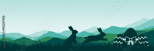 Wide screen spring banner featuring bunnies and easter eggs in teal nature