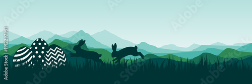 Panoramic green Easter background with rabbit silhouettes and decorated eggs