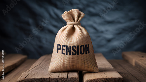 A burlap sack labeled pension sits on wooden planks against a dark background symbolizing retirement savings and financial security