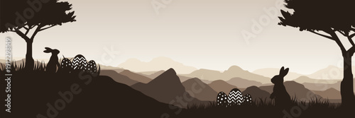 Panoramic Easter background with sepia mountain landscape and rabbit silhouettes