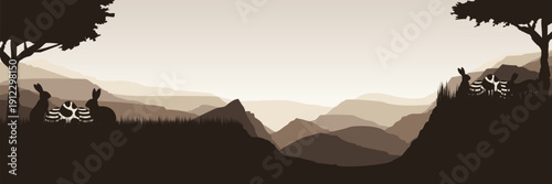 Wide screen spring banner featuring bunnies and eggs in boho earth tones