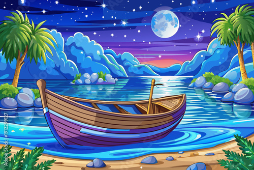 Tranquil boat resting on quiet beach under moonlight shimmering water reflections calm night seascape serene coastal atmosphere dreamy cinematic scene