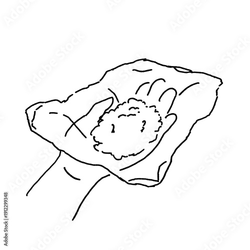 ラップでおにぎりを握る手元の線画ベクターイラストHands Making Onigiri with Plastic Wrap – Monochrome Line Art Vector