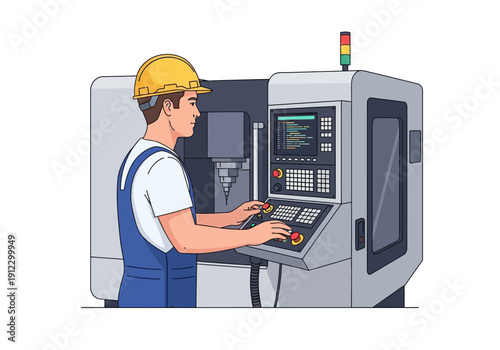 Man operating CNC machine with yellow hardhat and blue overalls in factory.
