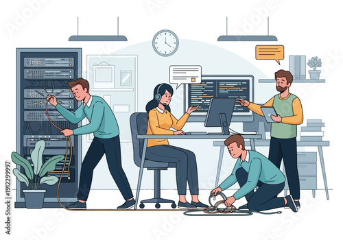 IT Support Team Working on Server Maintenance and Troubleshooting