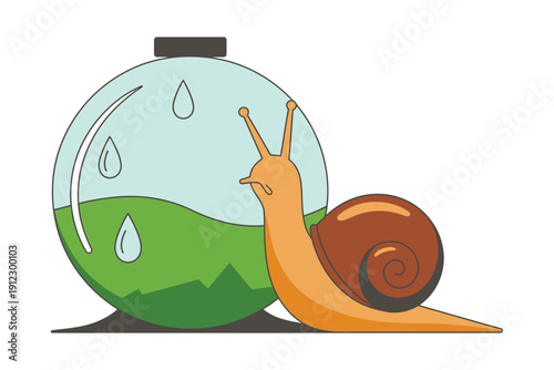 Snail approaches large laboratory flask containing green liquid on white.