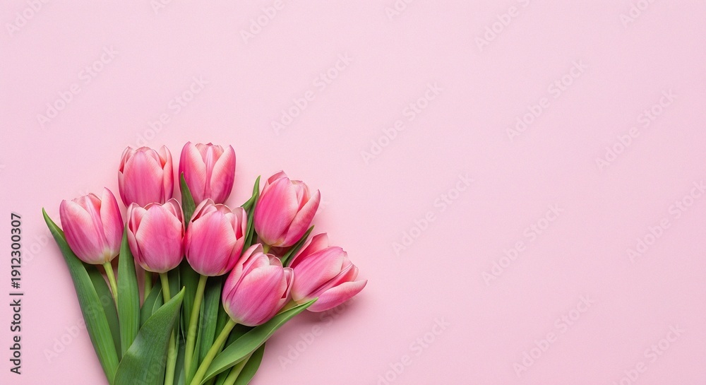 Fototapeta premium Left side composition pink tulips bunch on pastel pink background copy space