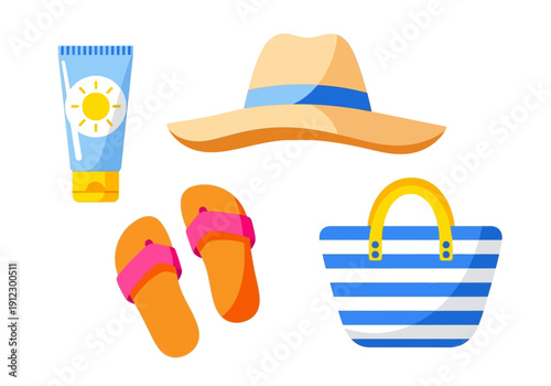 Beach Essentials: Sunscreen, Hat, Flip-Flops, and Striped Bag