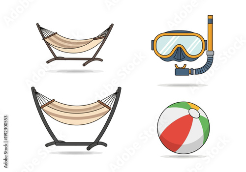 Summer Vacation Items: Hammocks, Snorkel Mask, and Beach Ball