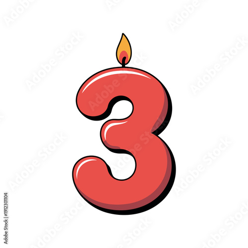Red birthday candle shaped like the number three burns brightly on.