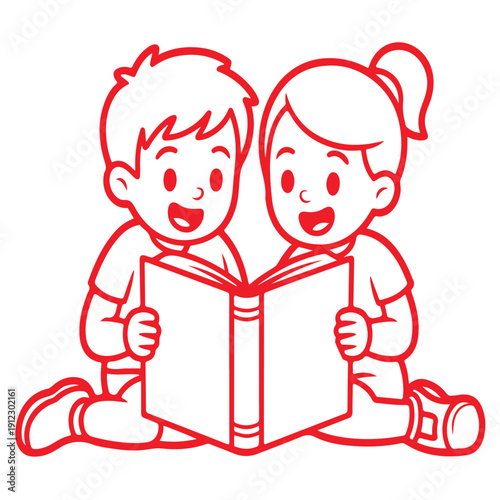 Happy cartoon children reading open book together sitting side by side in bright red outline style