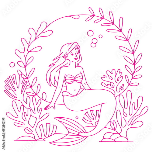Pink mermaid sitting in coral reef frame outline illustration for coloring book and ocean themed design fantasy underwater world with sea plants and bubbles on transparent background vector