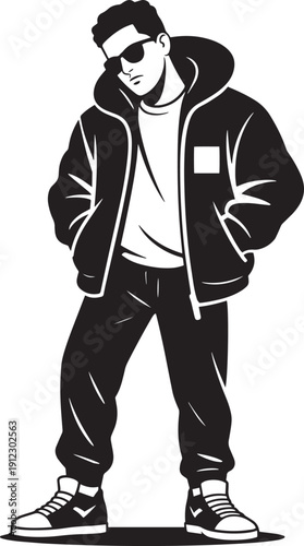 Man wearing black hoodie and sunglasses for fashion branding, vector illustration