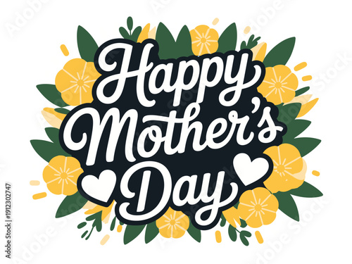 A colorful Happy Mother's Day greeting card with lemons and leaves on a white background
