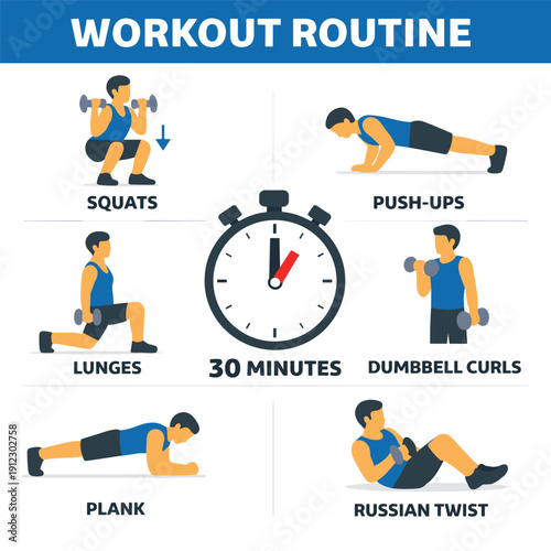 Workout routine infographic with exercises and timer