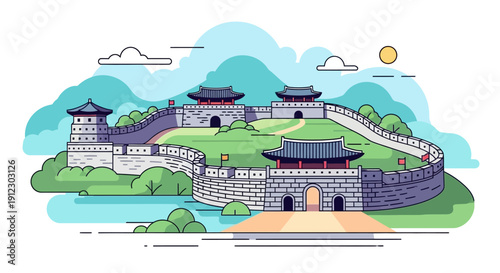 Hwaseong Fortress Illustration: A Historic Korean Landmark with Walls and Gates