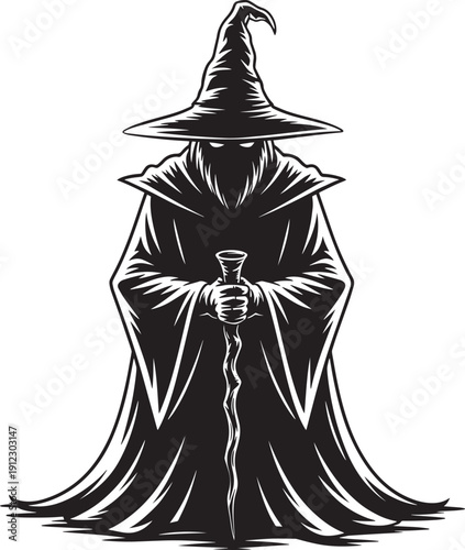 Wizard icon with hat and cloak holding staff, black and white vector illustration