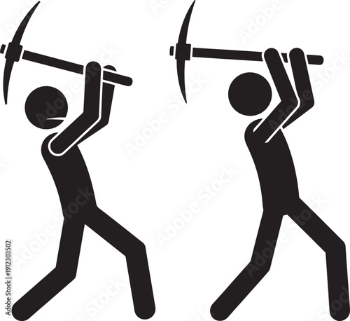 Man with pickaxe swinging on white background