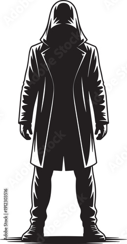 Hooded figure in long coat silhouette for mystery and thriller concepts, vector illus