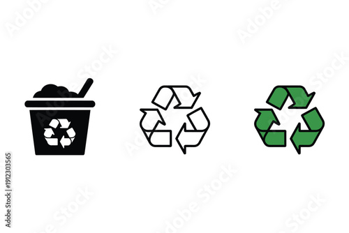 Three recycling icons show disposal container, outline, and solid green.