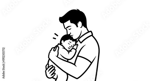 Father holding his sleeping baby in his arms tenderly.